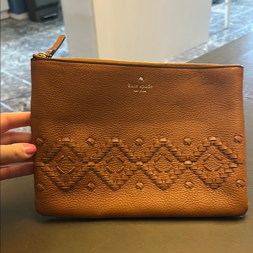 Kate Spade Brown Leather Wristlet with Geometric Design